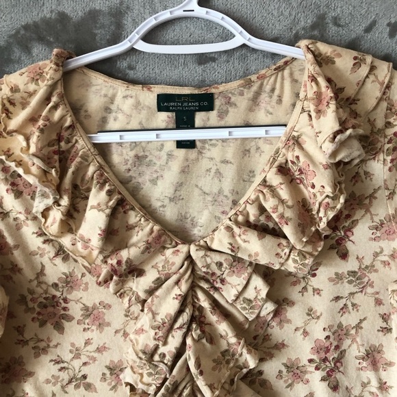 Lauren Jeans Co. Ruffle Neck Top Size S Long Sleeve Floral Cotton Old Money - Picture 3 of 14